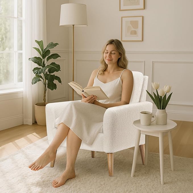 Lohoms White Accent Chair Set of 2 for Living Room, Fluffy Comfy Reading Leisure Chairs for Bedroom, White Teddy Upholstered Sherpa Armchair for Apartment, Small Boucle Sofa Chair with Wood Legs