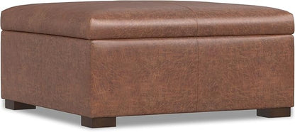 SIMPLIHOME Gabbie 36 inch Wide Contemporary Square Square Coffee Table Storage Ottoman in Distressed Saddle Brown Vegan Faux Leather, Assembled, for The Living Room, Entryway and Family Room