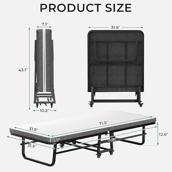 Folding Bed with Mattress, Portable Rollaway Guest Beds On Wheels, 72"x 32" Twin Size Portable Bed for Adults, Metal Bed Frame, Space Saving Roll Away Beds for Small Apartment