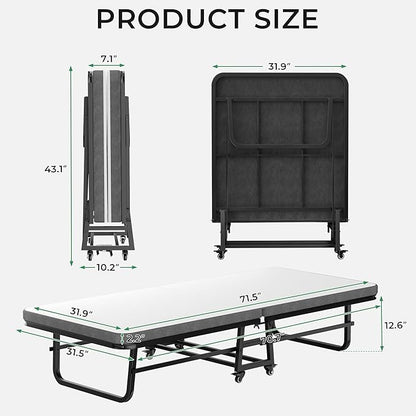Folding Bed with Mattress, Portable Rollaway Guest Beds On Wheels, 72"x 32" Twin Size Portable Bed for Adults, Metal Bed Frame, Space Saving Roll Away Beds for Small Apartment