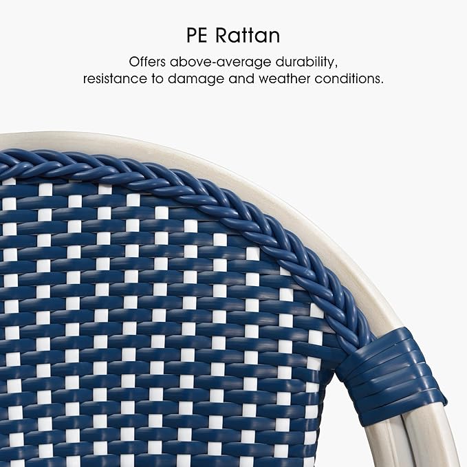PURPLE LEAF French Counter Height Bar Stool Set of 4 25" White Print Finish Patio Bar Chairs with Back Rattan Bar Chairs French Bistro Set for Kitchen Outdoor Counter Stool Royal Blue