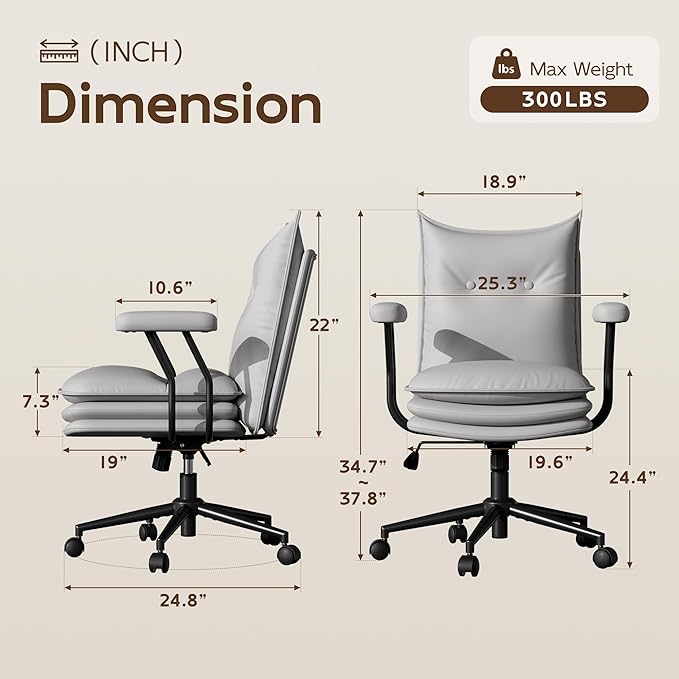 Grey Office Chair with Wheels,Triple-Layers Thicken Wide Seat Height Adjustable,Mid Back Computer Leather Desk Chair for Home,Office