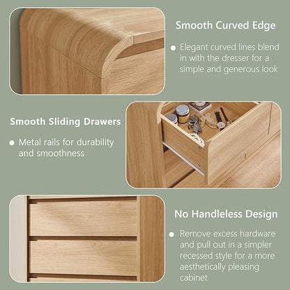 Modern 8 Drawers Dresser for Bedroom, 55" Wide Dressers & Chest of Drawers w/Curved Profile Design, Wood Mid Century Storage Dressers Organizer for Bedroom, Living Room, Natural Oak