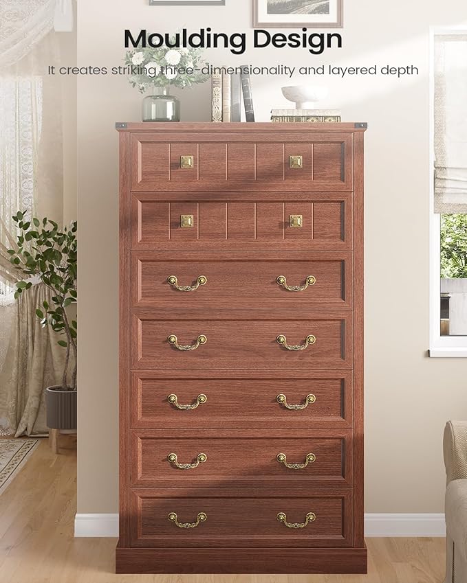 AOGLLATI Farmhouse Dresser with 7 Drawers, 58.7”Tall Wooden Rustic Chest of Drawers with Natural Texture, Vintage Design, Bedroom Dressers with Drawers for Bedroom, Oak Brown