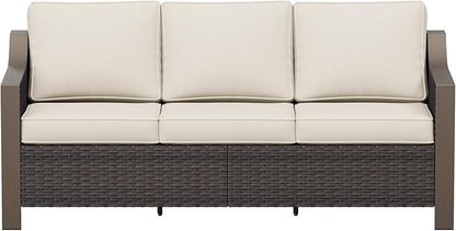 75" Patio Metal Wicker Sofa, 3-seat Deep Seat & Upholstered Couch, Outdoor All-Weather Rattan Loveseat with Washable Cushions, Steel Frame, Garden (Beige and Brown Stripe)