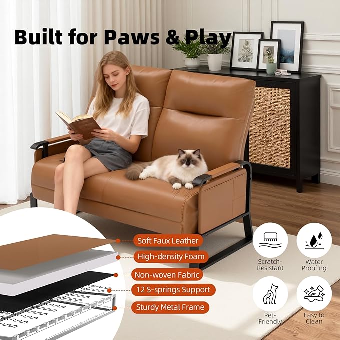 Faux Leather Loveseat, Upholstered Loveseat with Side Tray Table & Storage Pocket, Small Loveseat for Living Room, Modern 2 Seater Sofa Couch for Small Spaces, Bedroom, Brown