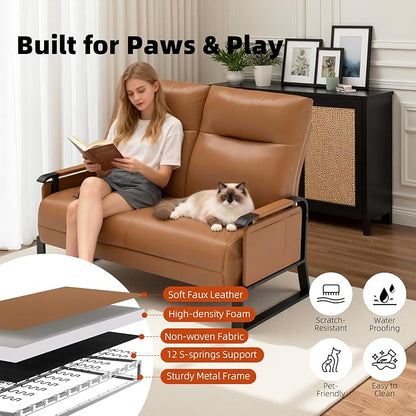Faux Leather Loveseat, Upholstered Loveseat with Side Tray Table & Storage Pocket, Small Loveseat for Living Room, Modern 2 Seater Sofa Couch for Small Spaces, Bedroom, Brown