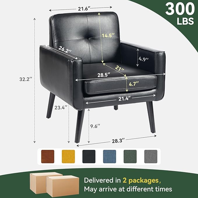 Accent Chair Set of 2, PU Leather Modern Chair with Wooden Frame, Cozy Armchair Reading Chair with Comfy Back for Apartment, Living Room, Bedroom, Waiting Room, Small Space, Corner, Black