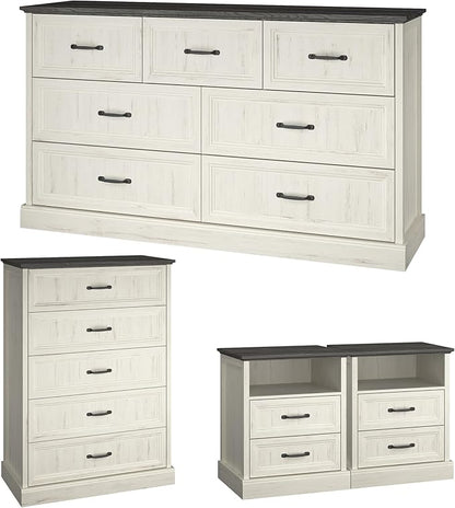 Farmhouse Dresser and Nightstand Sets, 4Pcs Bedroom Furniture Set, Nightstand Set of 2 & 55" Wide 7 Drawer and 44" Tall 5 Drawer Dresser with Large Drawers & Bar Handles, White