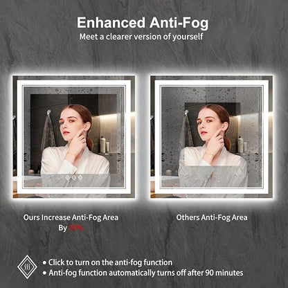 LED Bathroom Mirror, 32x32 Inch Gradient Front and Backlight Lighted Vanity Mirror, 3 Colors Dimmable CRI>90 Double Lights, IP54 Enhanced Anti-Fog, Hanging Plates Wall Mount Bathroom Mirror