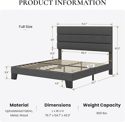 SHA CERLIN Full Platform Bed Frame with Upholstered Fabric Headboard, Mattress Foundation with Strong Wooden Slats Support, No Box Spring Needed, Grey