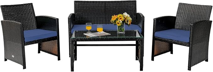 COSTWAY Patio Furniture Set 4 Pieces, Outdoor Wicker Chairs Sofa w/Coffee Table and Soft Cushions, Rattan Conversation Sets for Patio Lawn Backyard Yard Pool Garden, Navy