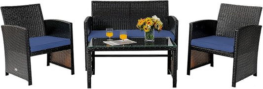 COSTWAY Patio Furniture Set 4 Pieces, Outdoor Wicker Chairs Sofa w/Coffee Table and Soft Cushions, Rattan Conversation Sets for Patio Lawn Backyard Yard Pool Garden, Navy
