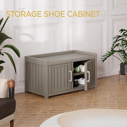 Storage Bench - 2 Doors Waterproof Resin Shoe Bench with Adjustable Shelves - Indoor & Outdoor Use, Entryway Bench with Seating for Bedroom, Living Room, Hallway - Grey