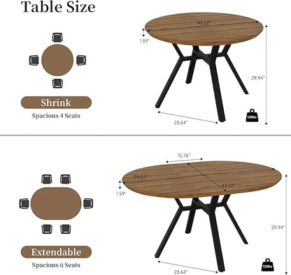 43.2"-59.1" Extendable Round Dining Table for 4-6 People, Modern Kitchen Oval Dining Table with Flexible Leaves Space Saving, Metal Base for Kitchen Dining Room (Walnut)