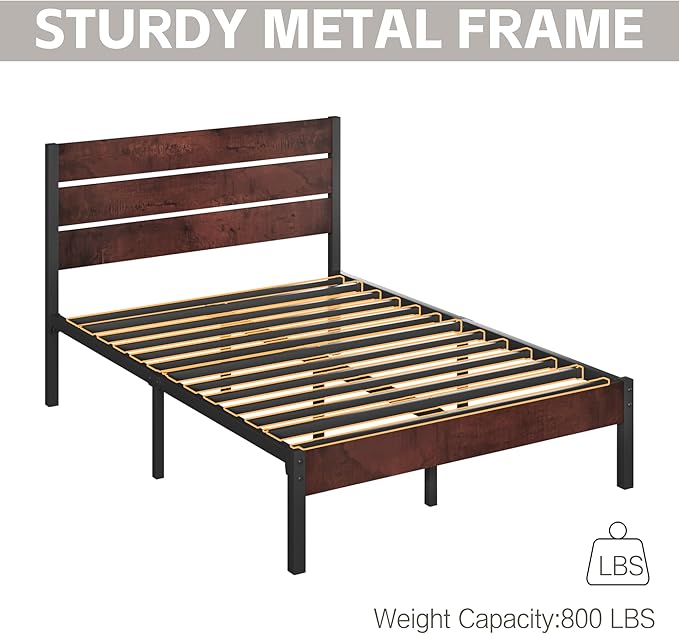 Full Bed Frame with Headboard and Footboard, with Under Bed Storage, All-Metal Support System, No Box Spring Needed, Easy Assembly, Red Brown