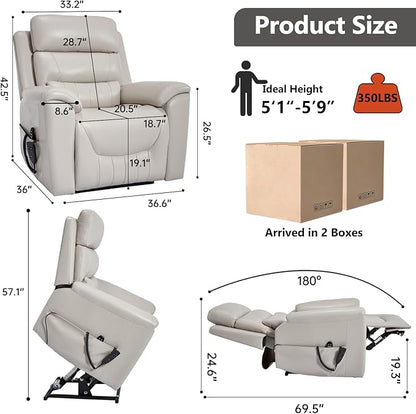 PELUMY Power Lift Recliner Chair for Elderly with Massage and Heat, Dual Motor Heavy Duty 350lbs Recliner, 8-Point Vibration & Lumbar Heating, Electric Lift Chair (Breathable Leather, Light Grey)
