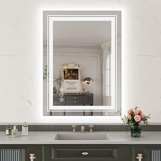 WTTY LED Bathroom Mirror with Backlit and Front Light, 23.6" X 31.5" Stepless Dimmable LED Mirror for Bathroom,Anti-Fog Lighted Bathroom Vanity Mirror Modern for Wall,Memory Function,Shatter-Proof