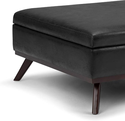 SIMPLIHOME Owen 36 inch Wide Mid Century Modern Square Coffee Table Storage Ottoman in Distressed Black Vegan Faux Leather, Assembled, for the Living Room, Entryway and Family Room