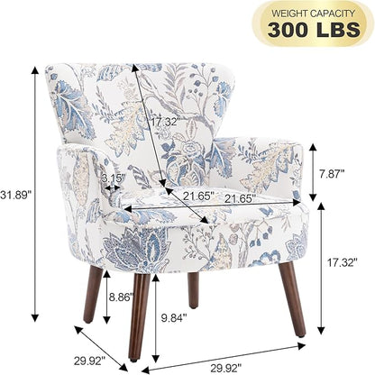 Floral Accent Chair, Upholstered Living Room Chairs with Solid Wood Legs, Mid Century Modern Velvet High Back Armchair for Living Room, Bedroom, Blue