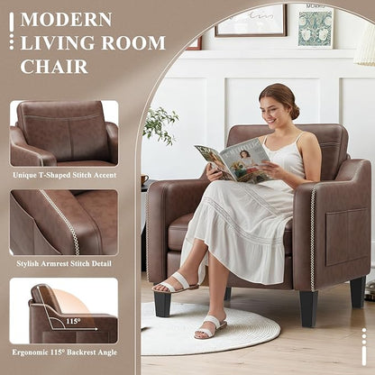 PU Leather Accent Chair Set of 2, Mid-Century Modern Living Room Armchair Sofa with Removable Cushions & Stitched Armrest Design, Bedroom Chair with Plastic Legs, Chocolate Brown