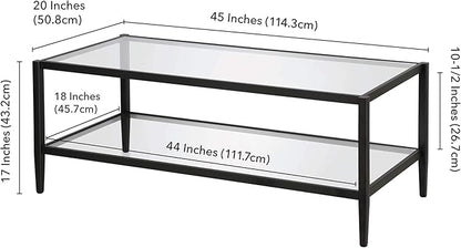 Henn&Hart 45" Wide Rectangular Coffee Table with Glass Shelf in Blackened Bronze, Modern coffee tables for living room, studio apartment essentials