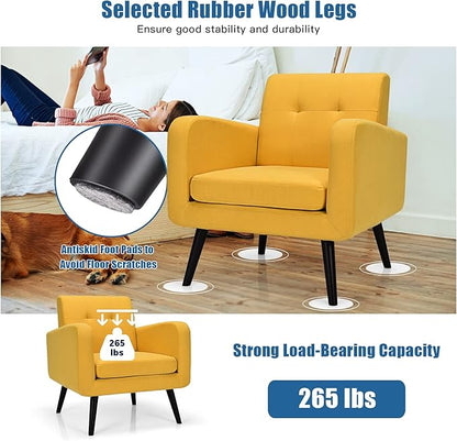 Giantex Upholstered Accent Chair, Modern Mid Century Linen Fabric Living Room Chair with Arms, Max Load 265 Lbs, Comfy Tufted Single Sofa for Reading, Bedroom, Office, Club, Yellow