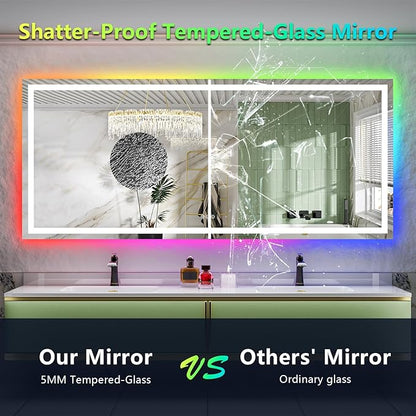 68x38 Inch RGB LED Bathroom Mirror Front Light and RGB Backlit Lighted Vanity Mirror for Bathroom Wall Mounted Dimmable Anti Fog Memory Shatter-Proof IP54 Waterproof Horizontal/Vertical