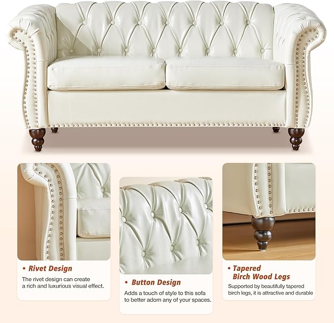 Chesterfield Loveseat Sofa, Modern Leather Small Sofa Couch 2 Seater with Rolled Arms and Nailhead, Mid Century Modern Loveseat Couch for Small Spaces Living Room Bedroom Apartment, White