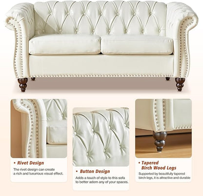 Chesterfield Loveseat Sofa, Modern Leather Small Sofa Couch 2 Seater with Rolled Arms and Nailhead, Mid Century Modern Loveseat Couch for Small Spaces Living Room Bedroom Apartment, White