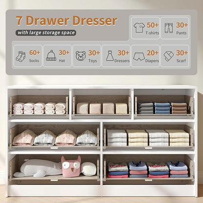 White 7 Drawer Dresser for Bedroom, 55” Wide Fluted Dresser with Gold Handles, Modern Chest of Drawer for Bedroom, Closet, Living Room, Entryway, Hallway, White