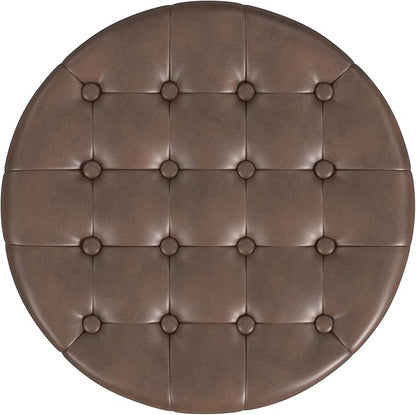 Homepop Home Decor | Upholstered Round Faux Leather Tufted Foot Rest Ottoman | Ottoman with Storage for Living Room & Bedroom | Decorative Home Furniture, Brown Faux Leather