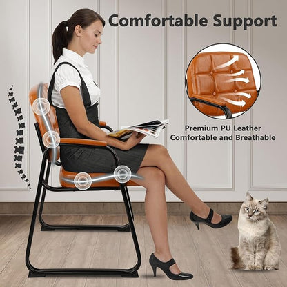 CLATINA Waiting Room Chairs with Padded Arms Leather Guest Chair no Wheels for Office Reception and Conference Desk with Sled Base Orange, 2PK