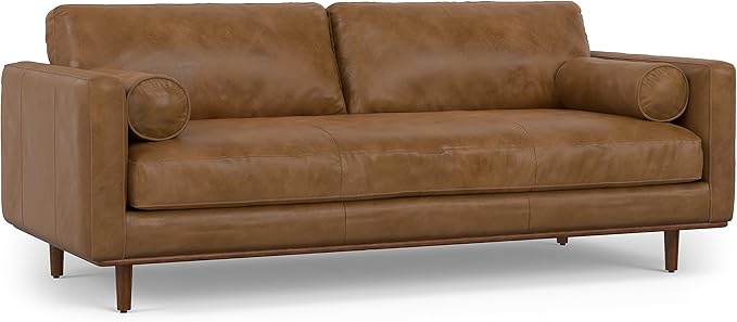 SIMPLIHOME Morrison 89-inch Wide Sofa in Caramel Brown Top Grain Genuine Leather, Mid-Century Modern Design Couch for Living Room, Single Bench Cushion, 2 Back Cushions, 2 Bolster Pillows
