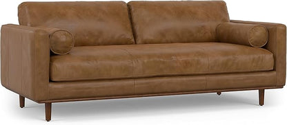 SIMPLIHOME Morrison 89-inch Wide Sofa in Caramel Brown Top Grain Genuine Leather, Mid-Century Modern Design Couch for Living Room, Single Bench Cushion, 2 Back Cushions, 2 Bolster Pillows