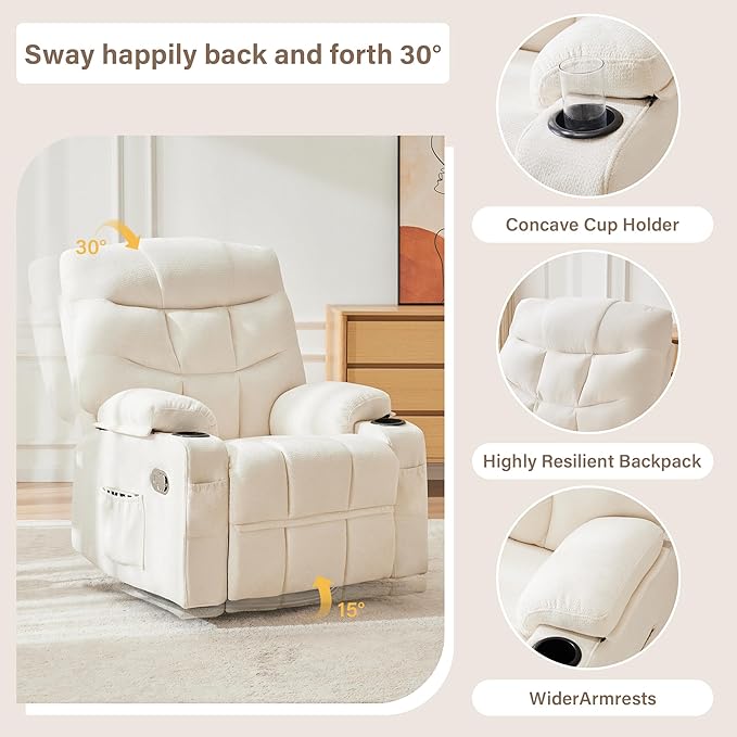 Manual Rocker Recliner Chair, 360°Swivel Recliner Chairs for Adults, Single Recliner Seat with Cup Holders,Upholstered Fabric Lazy Boy Recliner,White