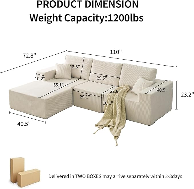 110" Boneless Cloud Sectional Couch for Living Room, Compressed Modular L-Shaped Sofa with Deep Seat, Frameless Corduroy Couch in Boxes, No Assembly Required 3-Seater (Left-Facing Chaise, Beige)