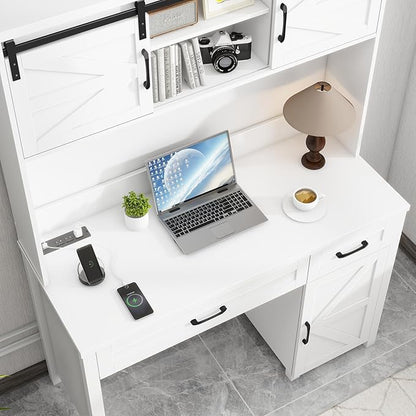 Vabches Farmhouse 47" Executive Desk, Computer Desk with 2 Drawers and Storage Cabinet, Home Office Desk with Hutch, Charging Hub, Workspace for Work and Study,(Cream White)