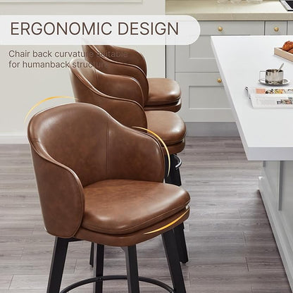 Counter Height Barstools 26 inch Upholstered Swivel Bar Stools with Back and Wood Legs for Kitchen Island,Set of 4,Brown PU Leather