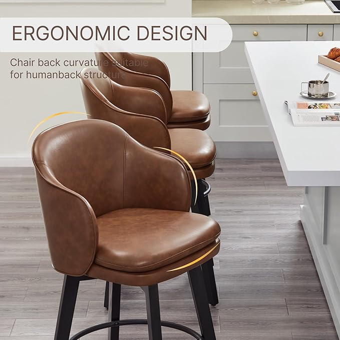 Counter Height Barstools 26 inch Upholstered Swivel Bar Stools with Back and Wood Legs for Kitchen Island,Set of 1,Brown PU Leather