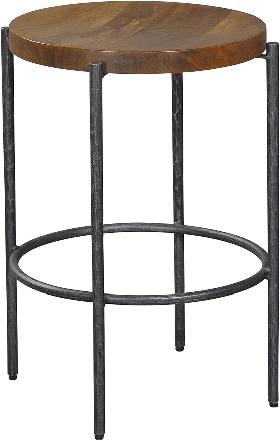 Hekman Wooden and Metal Bar Stool - Bedford Park Finish, Solid Wood Slab Top, Forged Iron Base and Frame Tall Round Counter Height Bar Stools - Mid Century Modern Home Bar Furniture, Rustic Brown