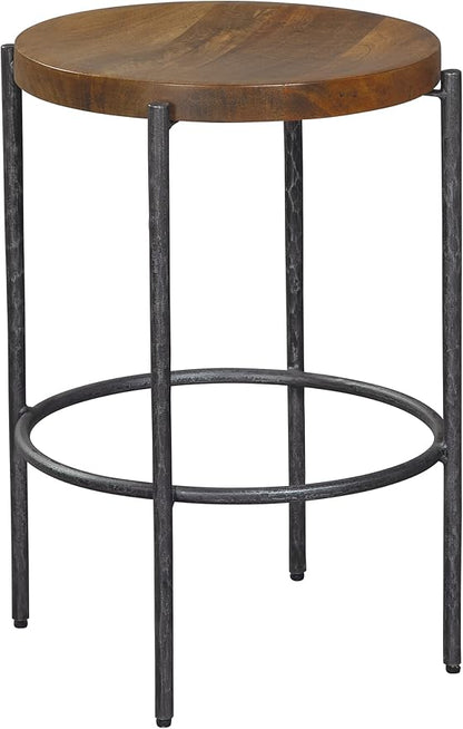 Hekman Wooden and Metal Bar Stool - Bedford Park Finish, Solid Wood Slab Top, Forged Iron Base and Frame Tall Round Counter Height Bar Stools - Mid Century Modern Home Bar Furniture, Rustic Brown