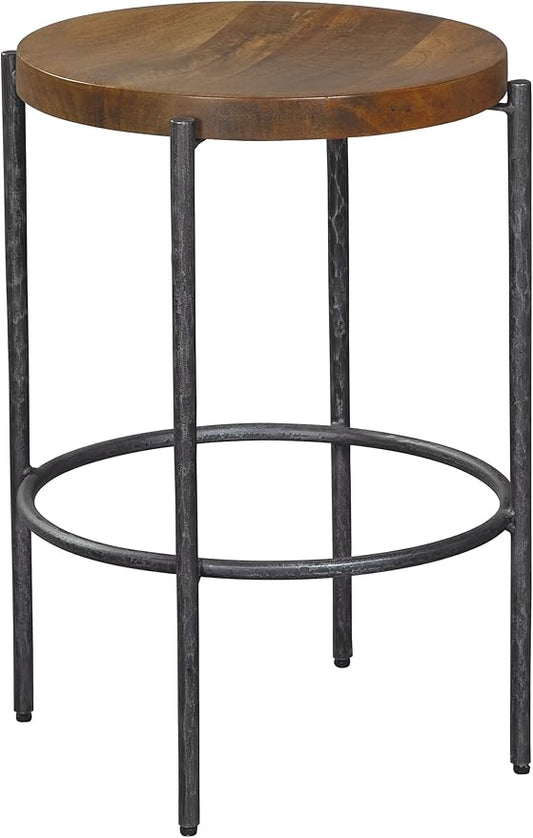 Hekman Wooden and Metal Bar Stool - Bedford Park Finish, Solid Wood Slab Top, Forged Iron Base and Frame Tall Round Counter Height Bar Stools - Mid Century Modern Home Bar Furniture, Rustic Brown
