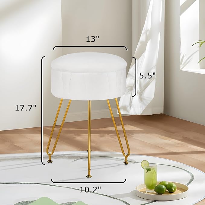 VECELO Vanity Stool with Storage, Velvet Chair for Vanity, Strong Metal Legs, Anti-Slip Feet, Padded Seat for Make Up, Bedroom, Living Room, Entryway, White