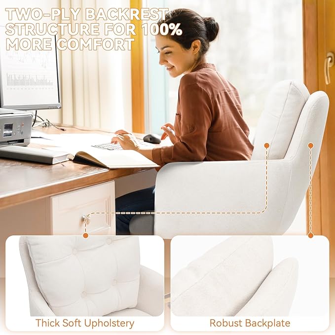 Velvet Office Chair, Comfy Home Office Desk Chairs with Lumbar Support, Modern Velvet Desk Chair Gold Legs Small Swivel Task Chair for Home Office, Bedroom, Study (Beige, L)