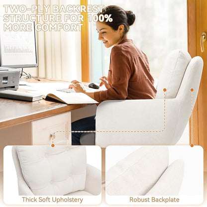 Plush Fabric Office Chair Vanity Chair Comfy Home Office Desk Chairs with Lumbar Support, Modern Plush Fabric Desk Gold Legs Swivel Task for Home Office Bedroom Study White Upgraded Version