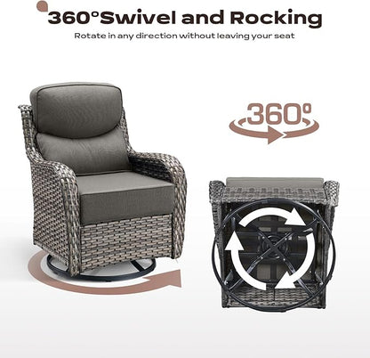 Rilyson Outdoor Patio Swivel Rocker Chairs Set of 2, Waterproof Wicker, High Back, Deep Seating, Wide Armrest, Upgraded 6 inch Thick Cushions, Ideal for Deck Porch Backyard, Mixed Grey-Grey