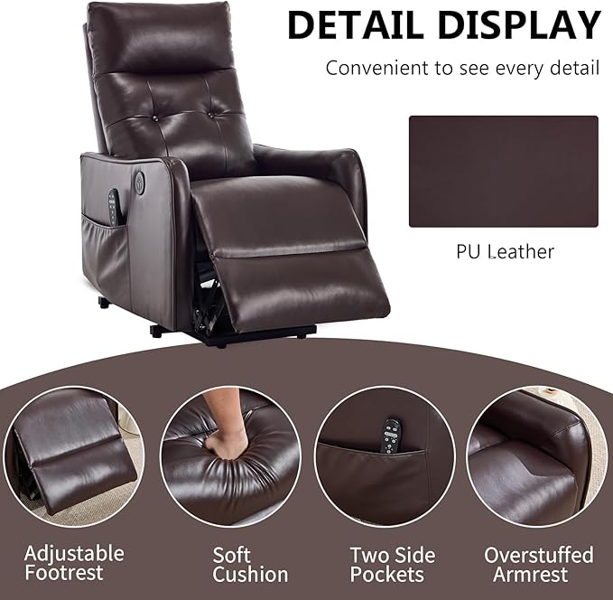 PELUMY Manual Lift Recliner Chair with Massage and Heat for Elderly, Single Motor Electric Lift Chair, Heavy Duty Recliner with USB Charging & Side Pockets (Breathable Leather, Brown)