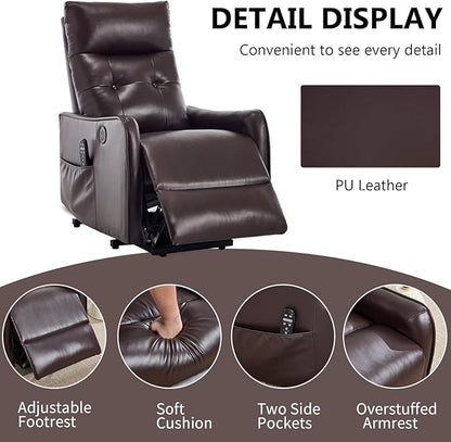 PELUMY Manual Lift Recliner Chair with Massage and Heat for Elderly, Single Motor Electric Lift Chair, Heavy Duty Recliner with USB Charging & Side Pockets (Breathable Leather, Brown)