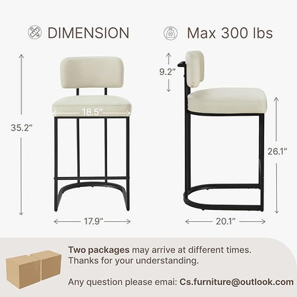 26" H Counter Height Bar Stools Set of 4, Modern Faux Leather Upholstered Barstools with Backrest for Kitchen Island, Black Metal Frames, Cream